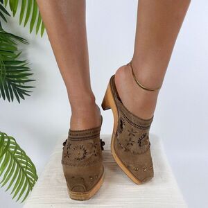 Vintage Brown Fairy Grunge Boho Chunky Slip On Cottagecore Heeled Mules / 6M